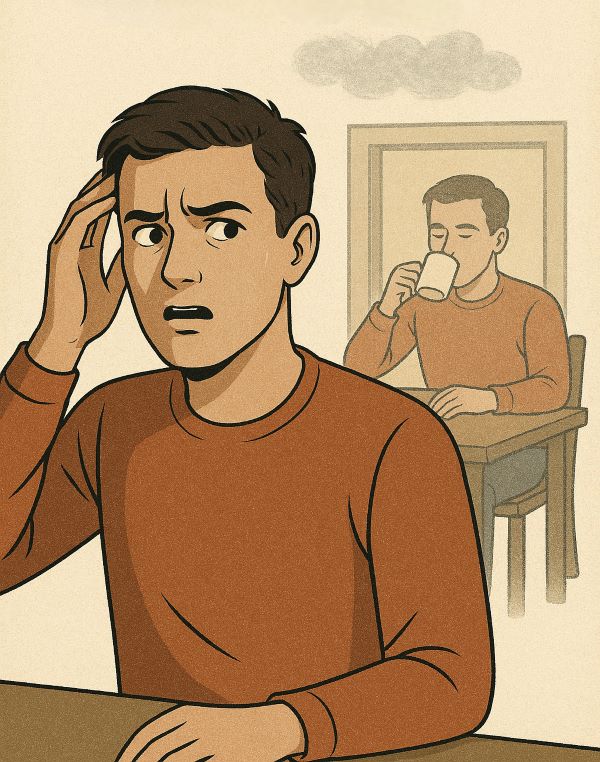 A young man sits at a table with a confused expression, touching his temple as if experiencing déjà vu. In the faded background, a ghostly version of himself is calmly drinking coffee at the same table, symbolizing a memory or familiar moment.