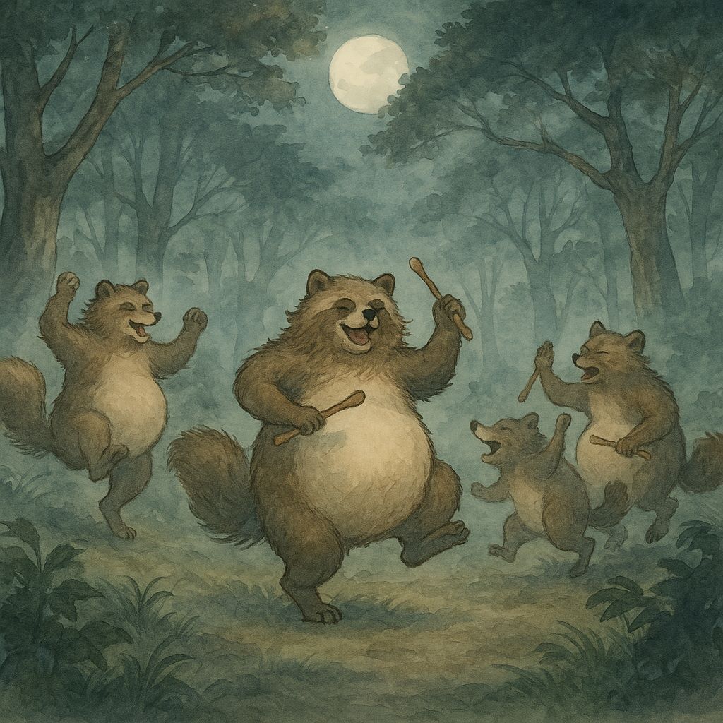 Traditional Japanese-style artwork of tanuki drumming on their bellies in a forest, referencing the Tanuki-bayashi folklore from Shōjō-ji Temple.