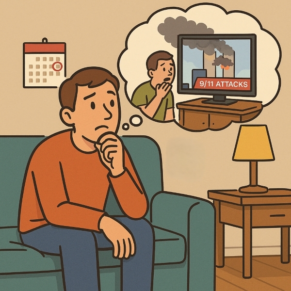 A man sits in his living room, looking uncertain as he visualizes a vivid memory of the 9/11 news. The image captures how strong emotions can create memories that feel real — even if they aren’t accurate.
