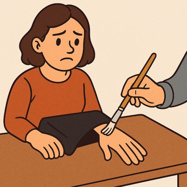 A cartoon-style illustration shows a woman sitting at a table with her real hand hidden under a black cloth. In front of her, a visible rubber hand is being stroked with a paintbrush by another person, while she looks at it with a confused and slightly concerned expression.