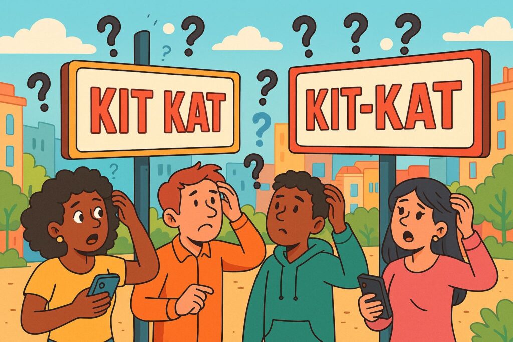 A cartoon-style image of four confused people scratching their heads while looking at two nearly identical signs, symbolizing collective memory confusion