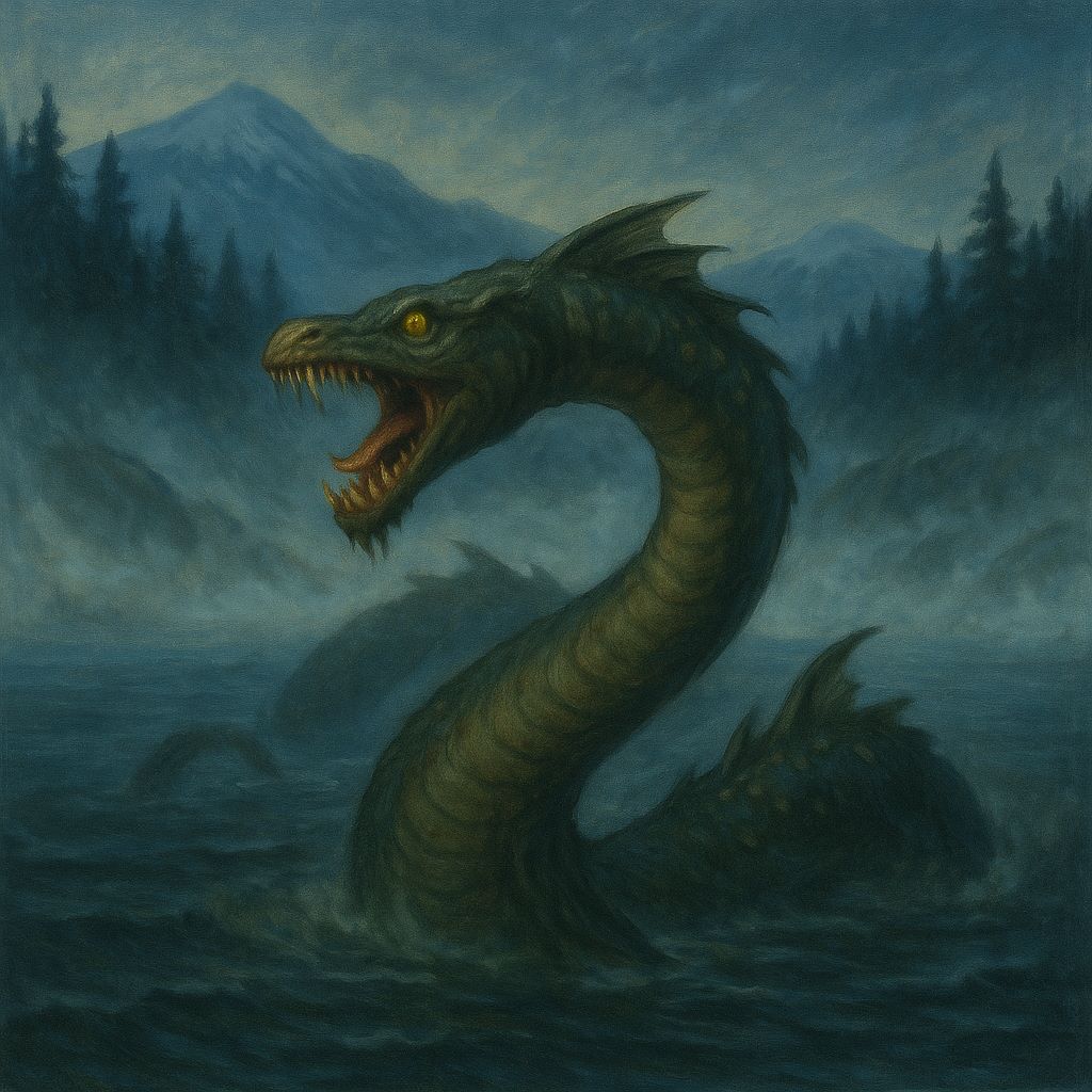 Brosnya, the legendary Russian lake monster, depicted in a moody night scene as it rises from mist-covered waters, with a long serpentine body and ridged back illuminated by moonlight.
