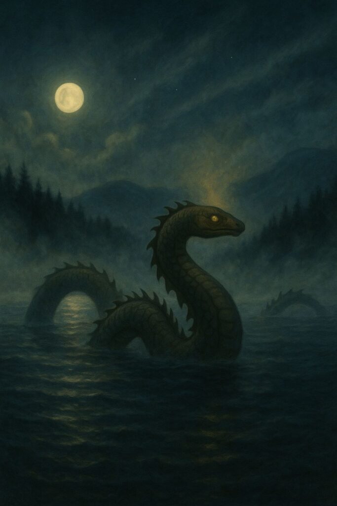 An illustrated depiction of the Lagarfljótsormurinn, a long, serpent-like creature gliding through the misty waters of Lake Lagarfljót under a twilight sky, with distant Icelandic hills in the background.