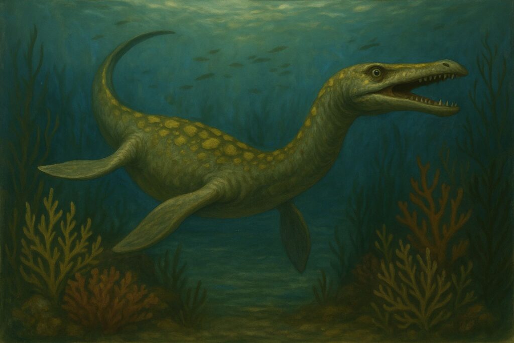 A traditional-style painting depicts the Lariosauro gliding through a sunlit underwater scene. The creature resembles a reptilian aquatic beast with a long, curved tail, flipper-like limbs, and a streamlined body dotted with yellow-green markings. It swims among colorful coral and shoals of fish in a serene lake environment.