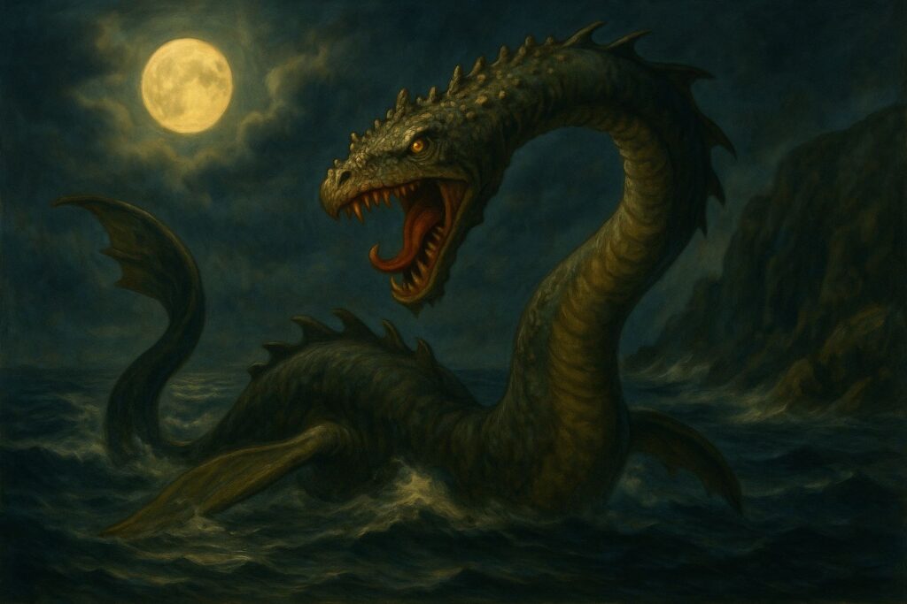 A traditional painting depicts the legendary Morgawr, a sea serpent of Cornish folklore, rising from misty coastal waters. The creature has a long, sinuous body, fin-like limbs, and a gaping mouth filled with sharp teeth, set against a moody, twilight sea.