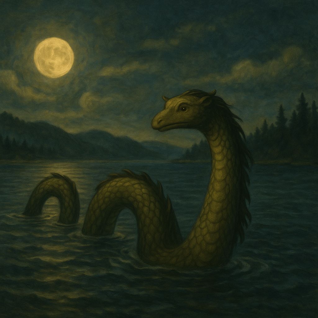 A traditional-style painting of Storsjöodjuret, a mythical lake monster from Sweden, showing a long, snake-like body with fins and a canine-like head, emerging from misty waters under a twilight sky.